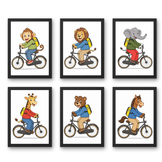 Animal Bicycle Wall Art Set of 6 – Kids Room Nursery Decor (Framed )
