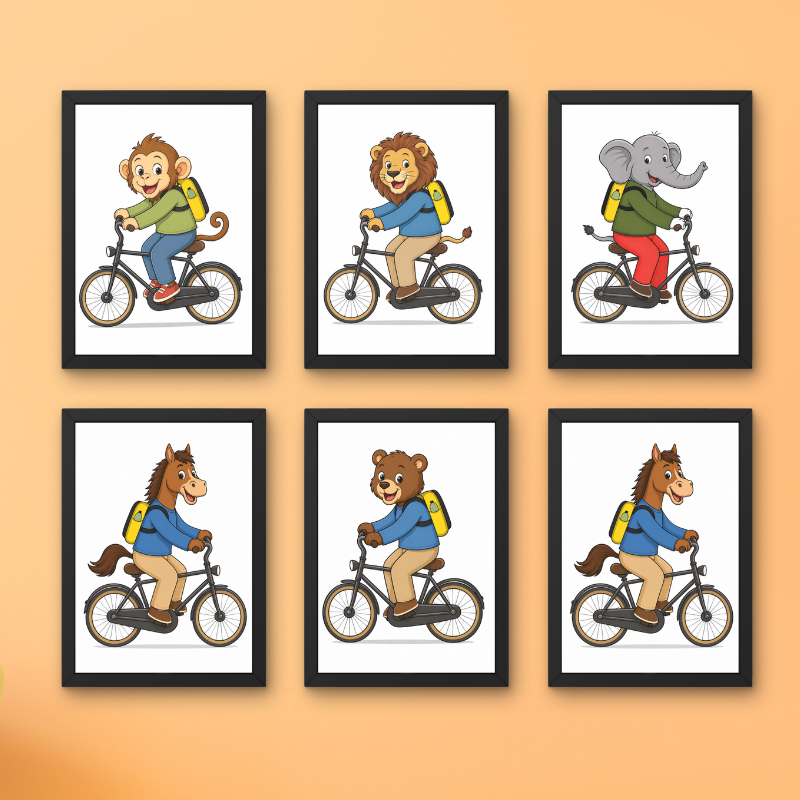 Animal Bicycle Wall Art Set of 6 – Kids Room Nursery Decor (Framed )