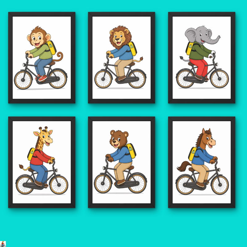 Animal Bicycle Wall Art Set of 6 – Kids Room Nursery Decor (Framed )