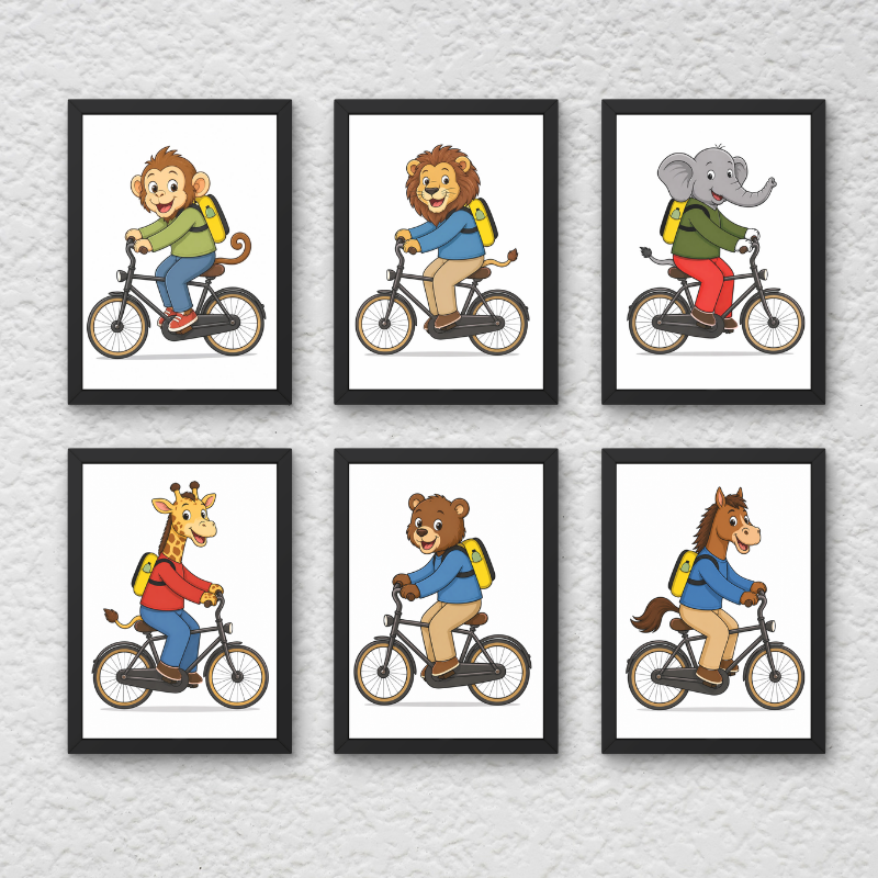 Animal Bicycle Wall Art Set of 6 – Kids Room Nursery Decor (Framed )