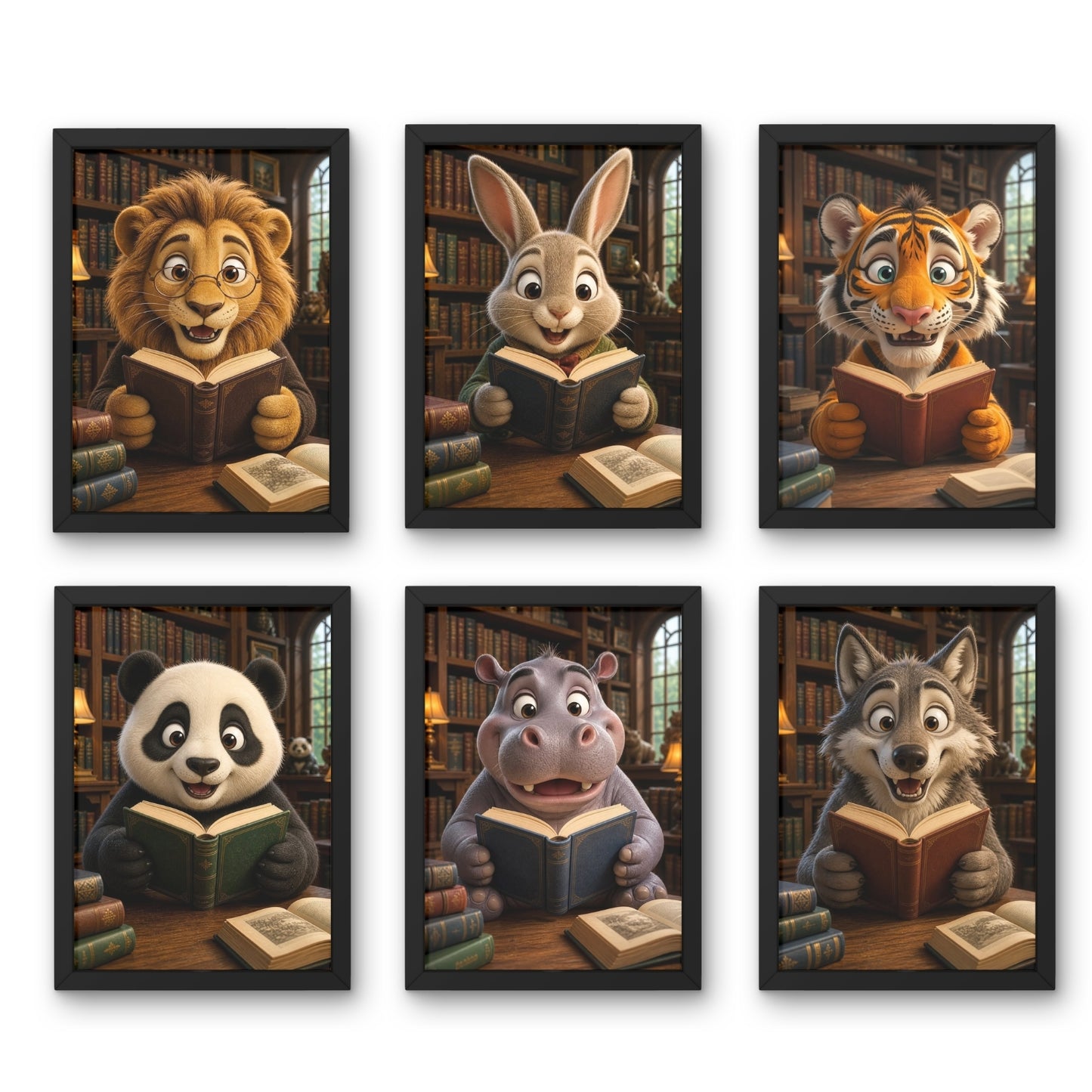 Animal Reading Wall Art Set of 6 Framed Prints