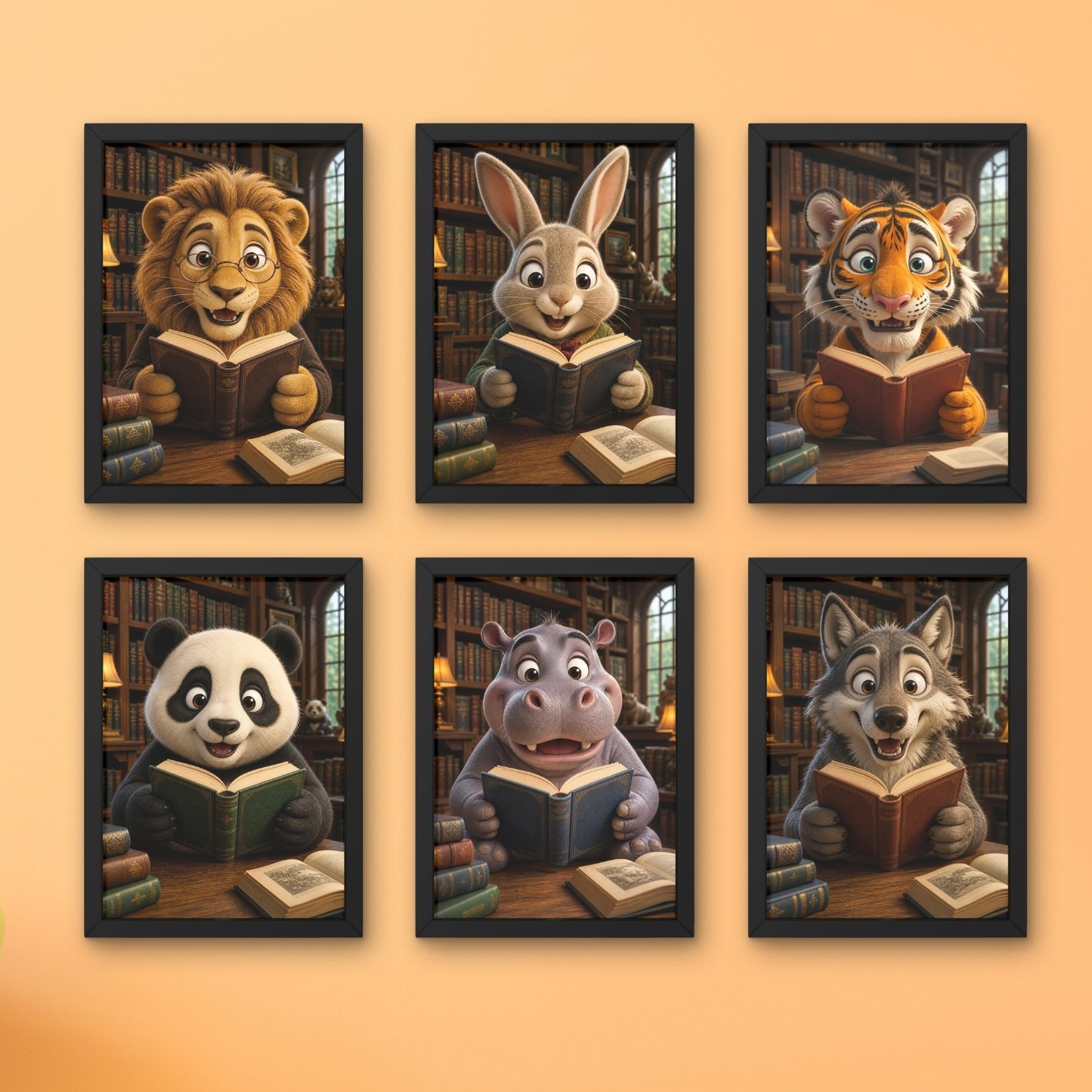 Animal Reading Wall Art Set of 6 Framed Prints
