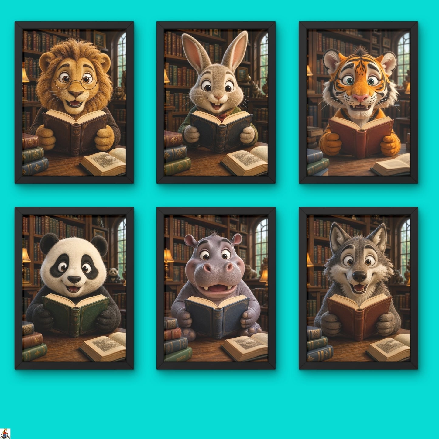 Animal Reading Wall Art Set of 6 Framed Prints