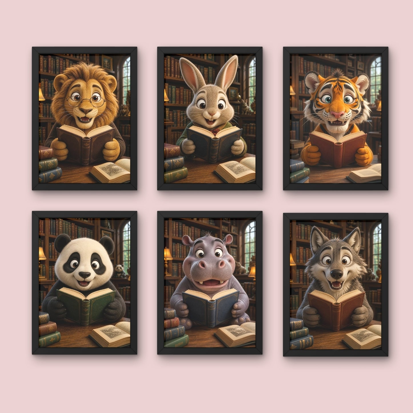 Animal Reading Wall Art Set of 6 Framed Prints