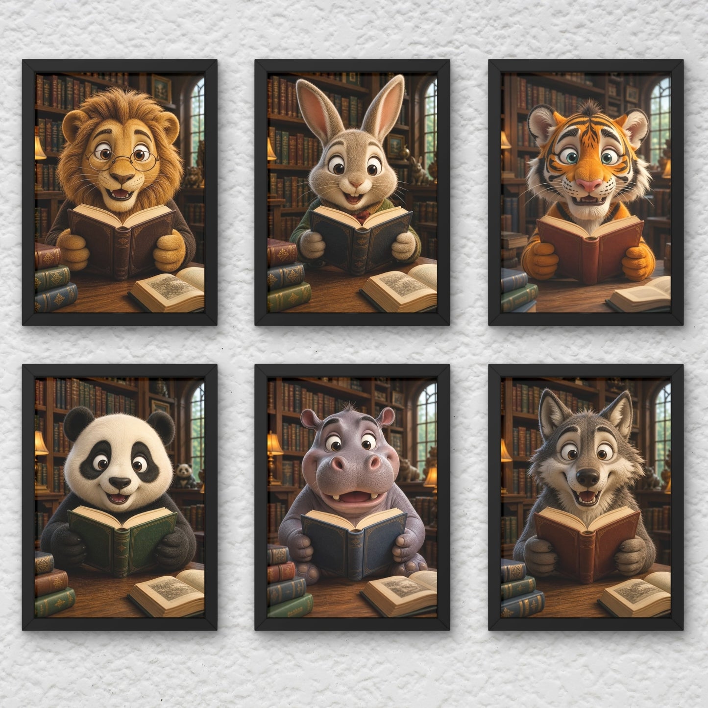 Animal Reading Wall Art Set of 6 Framed Prints