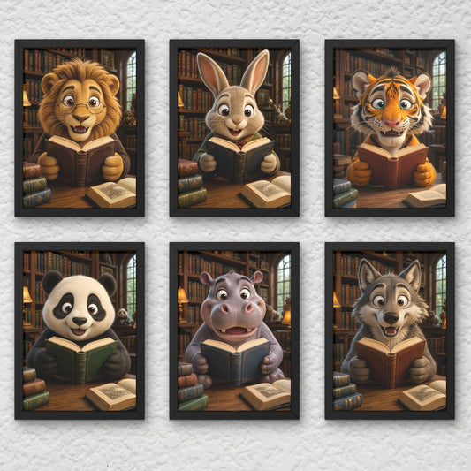 Animal Reading Wall Art Set of 6 Framed Prints