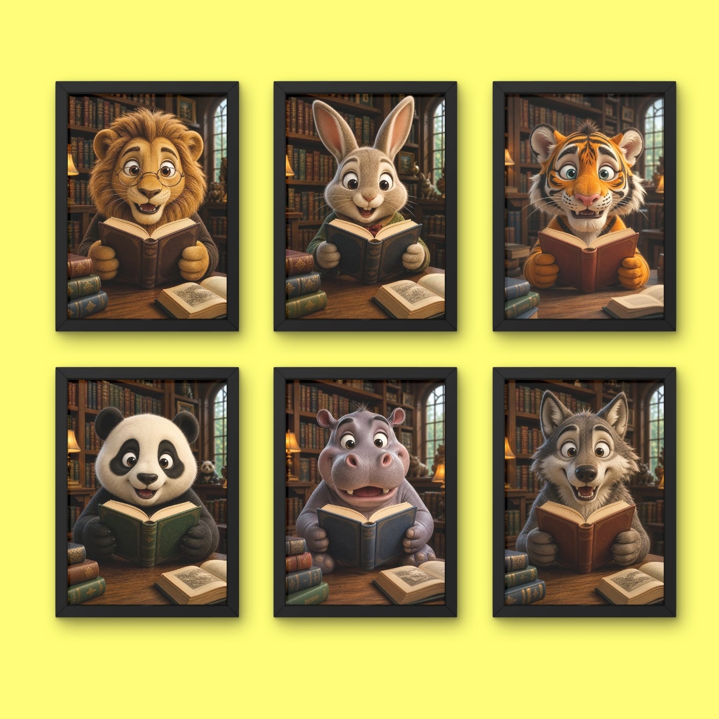 Animal Reading Wall Art Set of 6 Framed Prints