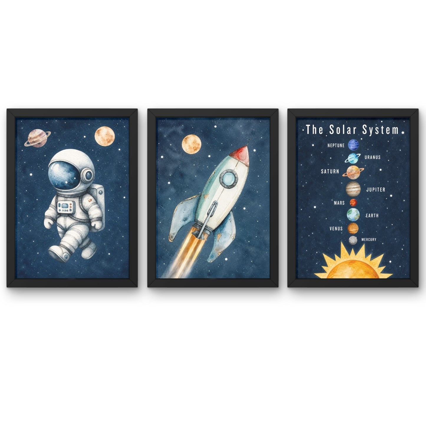 Space Theme Kids Wall Art Set of 3 Framed Prints