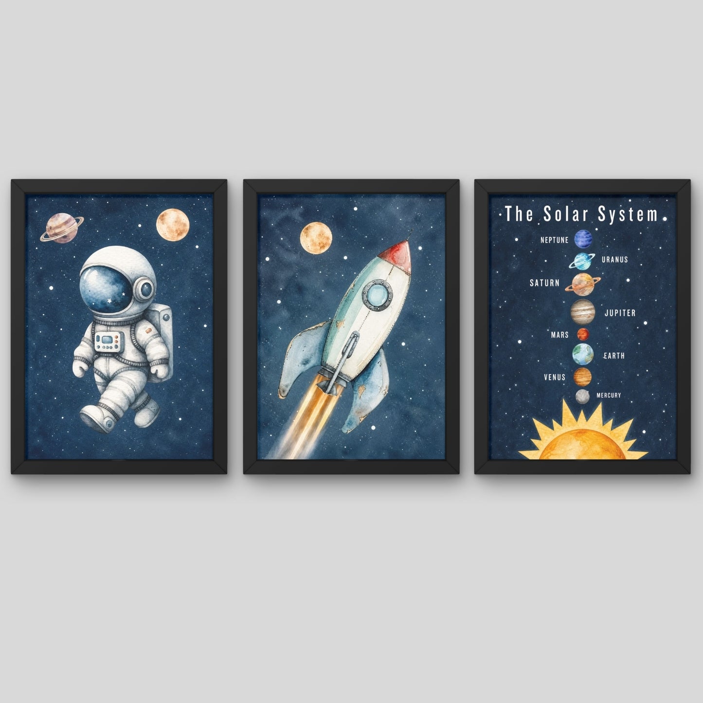 Space Theme Kids Wall Art Set of 3 Framed Prints