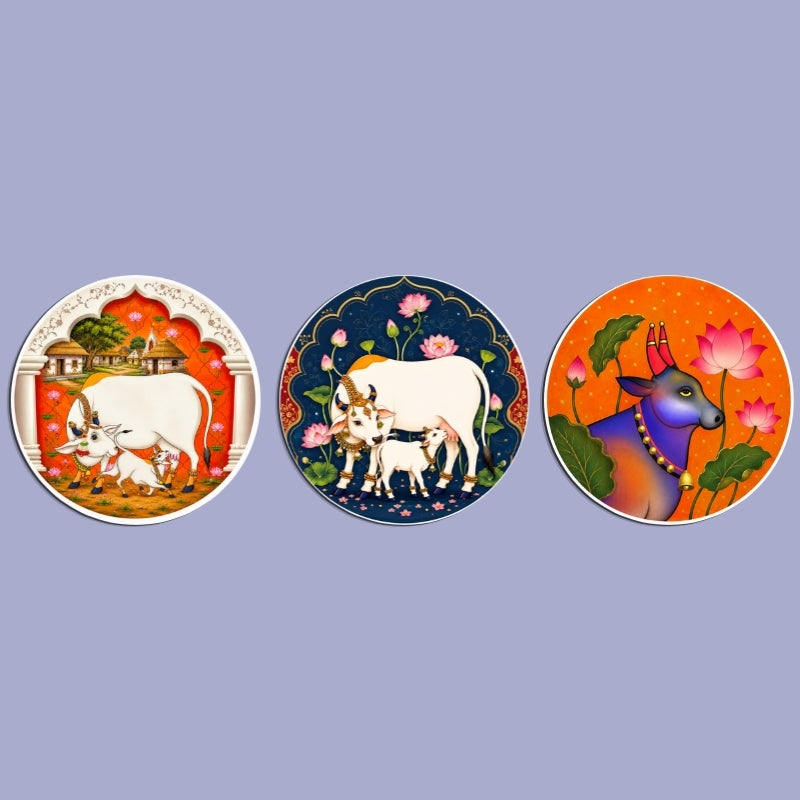 Sacred Cow & Calf Wall Art Set of 3 – Framed Round Wall