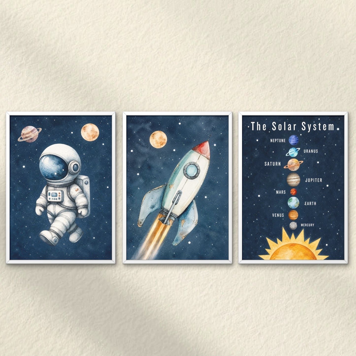 Space Theme Kids Wall Art Set of 3 Framed Prints