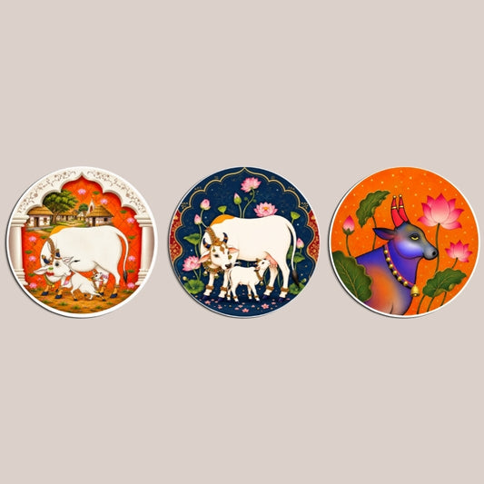 Sacred Cow & Calf Wall Art Set of 3 – Framed Round Wall