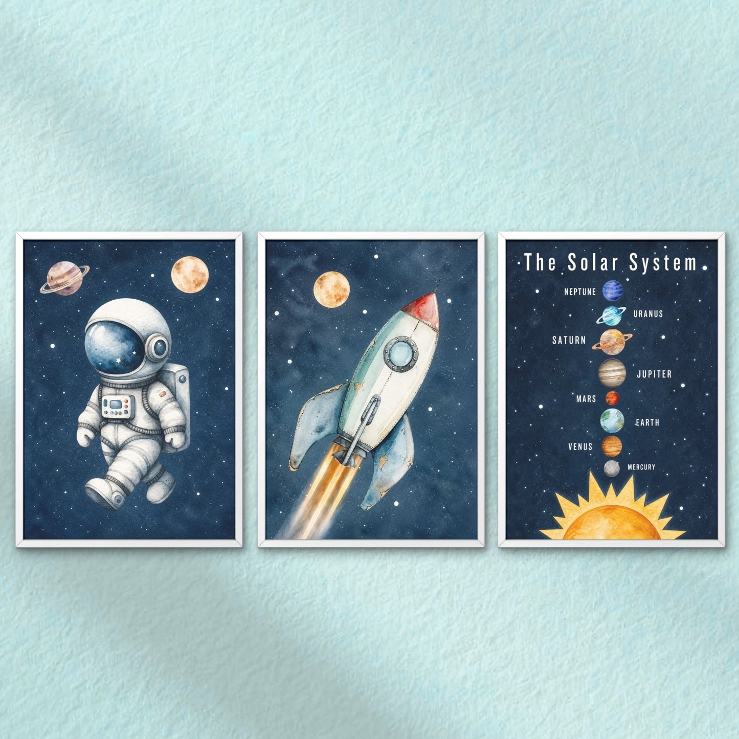 Space Theme Kids Wall Art Set of 3 Framed Prints