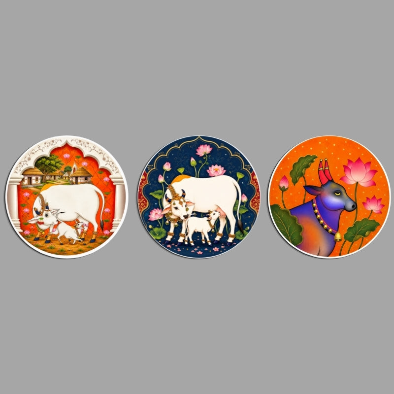 Sacred Cow & Calf Wall Art Set of 3 – Framed Round Wall