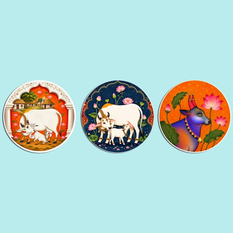 Sacred Cow & Calf Wall Art Set of 3 – Framed Round Wall