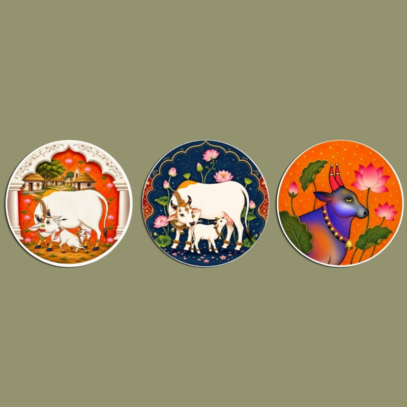 Sacred Cow & Calf Wall Art Set of 3 – Framed Round Wall