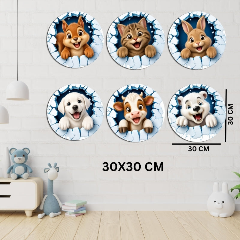 Animal Wall Sticker Set of 6  for Kids Room 3D Wall Decor ( MDF Bord )