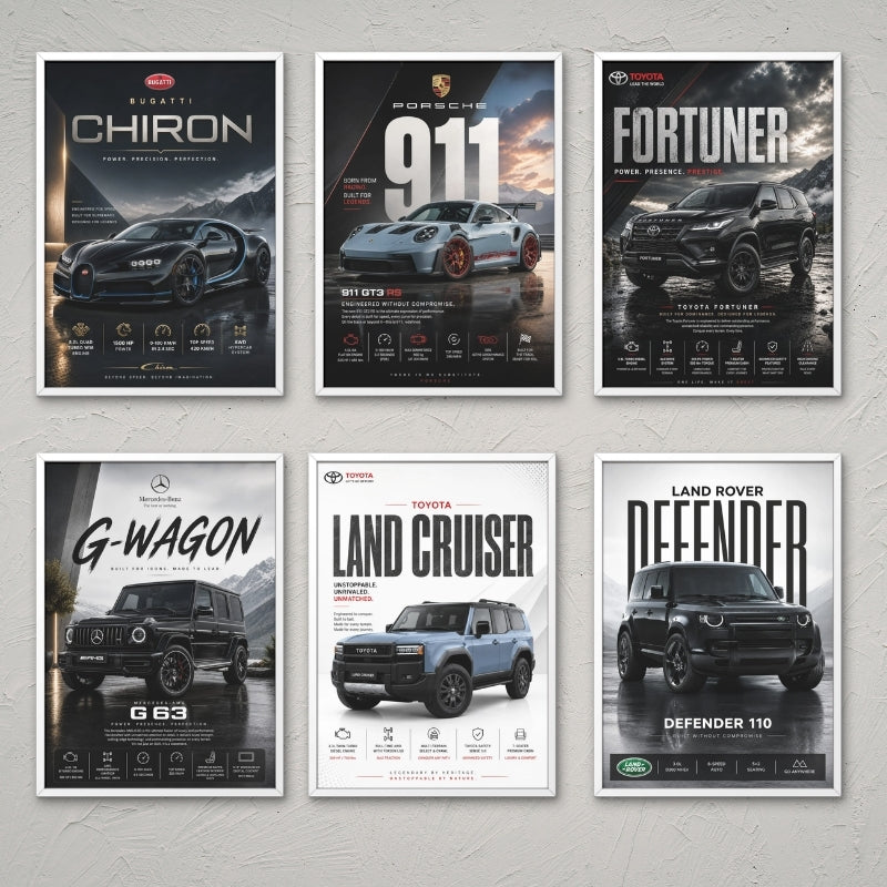 Car Poster Wall Art Set of 6 Framed