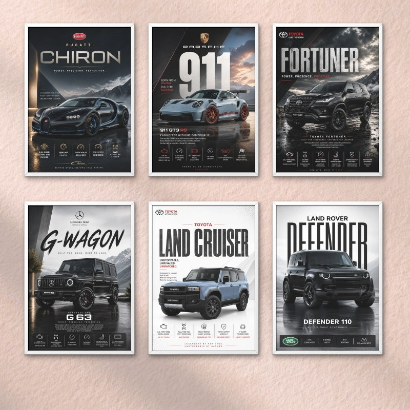 Car Poster Wall Art Set of 6 Framed