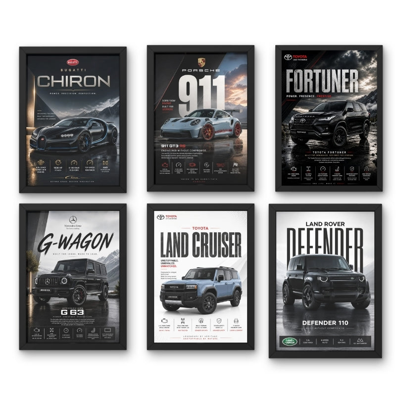 Car Poster Wall Art Set of 6 Framed