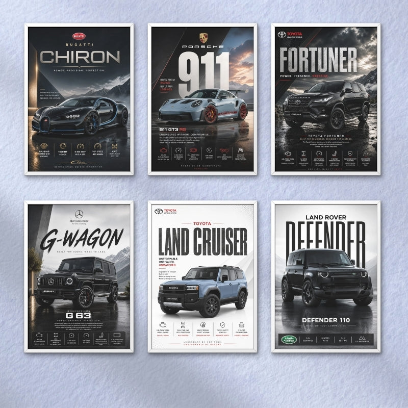 Car Poster Wall Art Set of 6 Framed