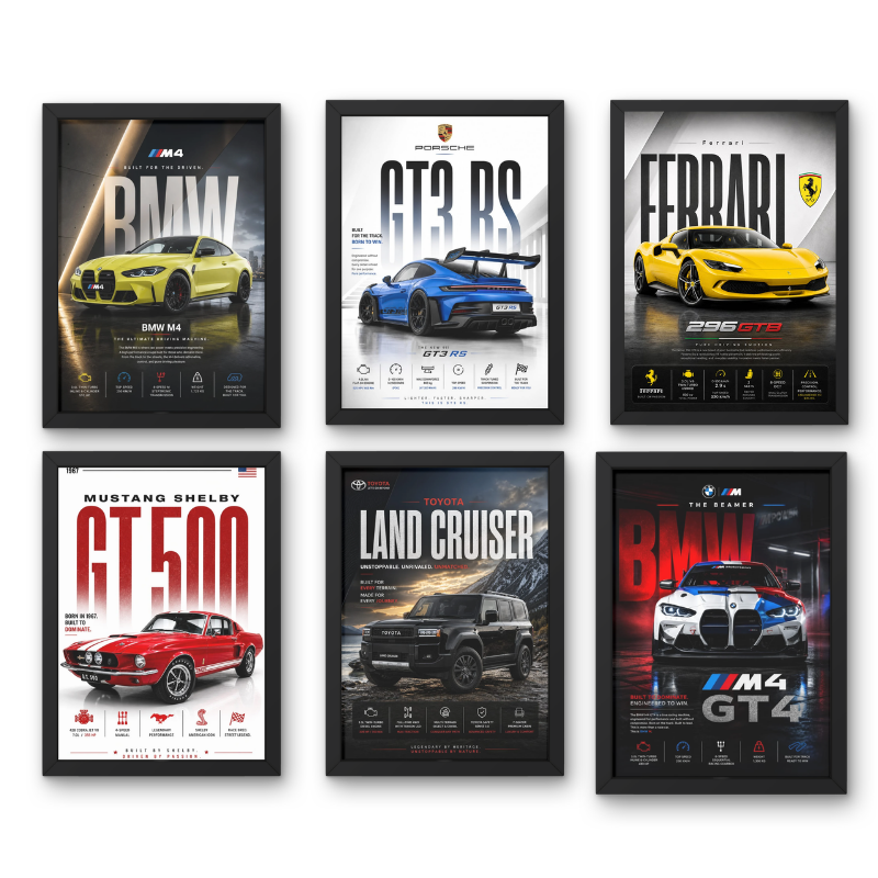 Premium Car Poster Wall Art Set of 6 Framed