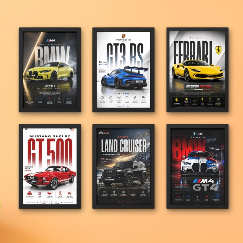 Premium Car Poster Wall Art Set of 6 Framed