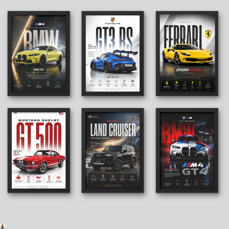 Premium Car Poster Wall Art Set of 6 Framed