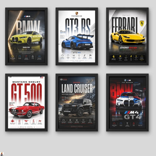 Premium Car Poster Wall Art Set of 6 Framed