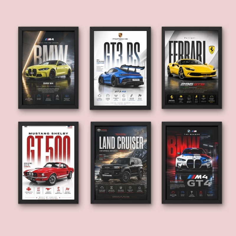 Premium Car Poster Wall Art Set of 6 Framed