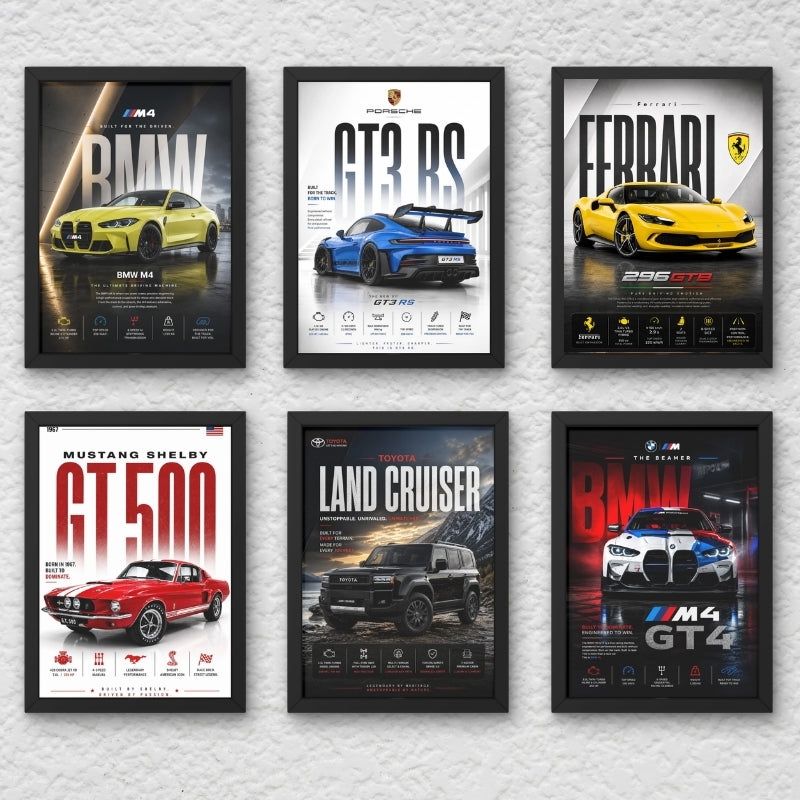 Premium Car Poster Wall Art Set of 6 Framed