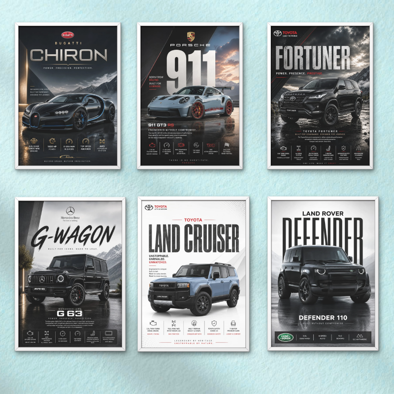 Car Poster Wall Art Set of 6 Framed