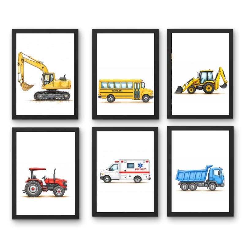 Kids Construction Vehicles Wall Art Set of 6 Framed Prints
