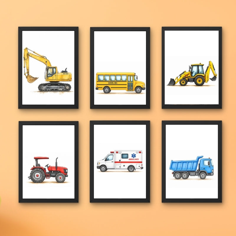 Kids Construction Vehicles Wall Art Set of 6 Framed Prints