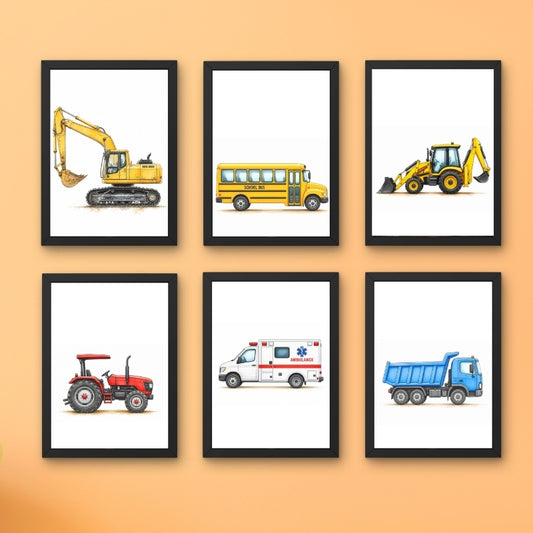 Kids Construction Vehicles Wall Art Set of 6 Framed Prints