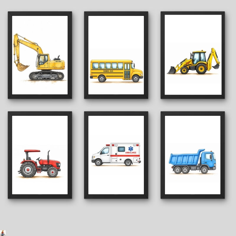Kids Construction Vehicles Wall Art Set of 6 Framed Prints