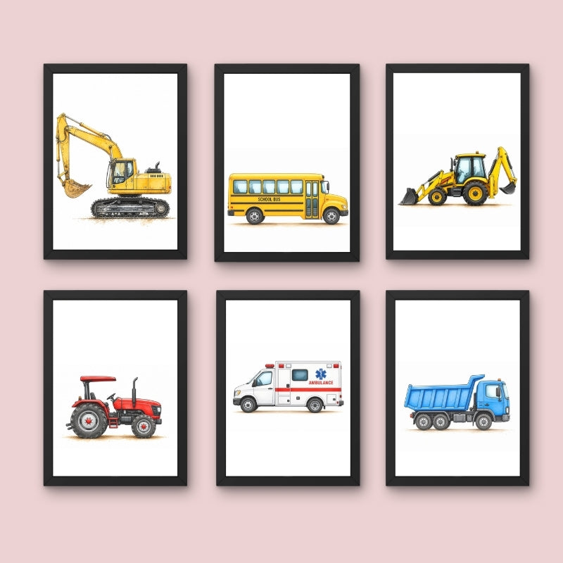 Kids Construction Vehicles Wall Art Set of 6 Framed Prints