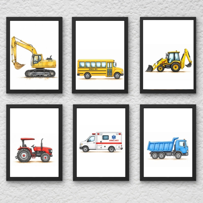 Kids Construction Vehicles Wall Art Set of 6 Framed Prints