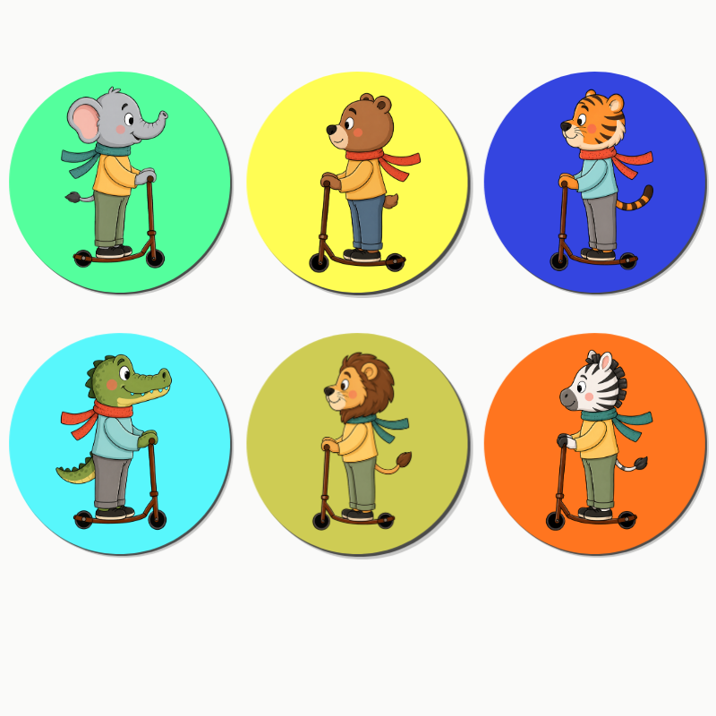 Animal Scooter Wall Art Set of 6 Kids Room Decor Nursery Cartoon
