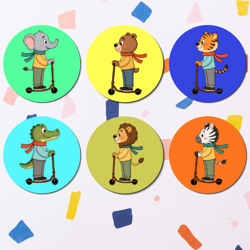 Animal Scooter Wall Art Set of 6 Kids Room Decor Nursery Cartoon