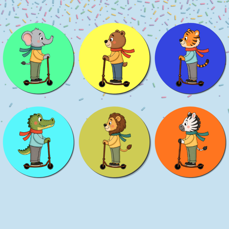 Animal Scooter Wall Art Set of 6 Kids Room Decor Nursery Cartoon