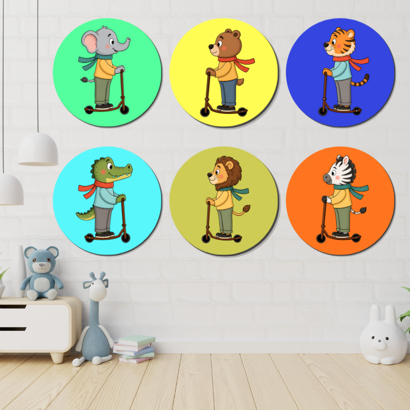 Animal Scooter Wall Art Set of 6 Kids Room Decor Nursery Cartoon