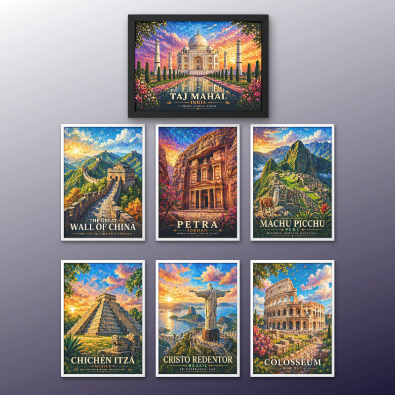 World Wonders Wall Art Set of 7 – Travel Poster Collection (Framed Look)