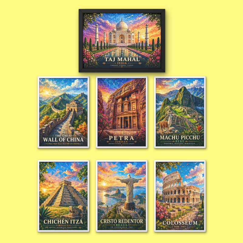 World Wonders Wall Art Set of 7 – Travel Poster Collection (Framed Look)