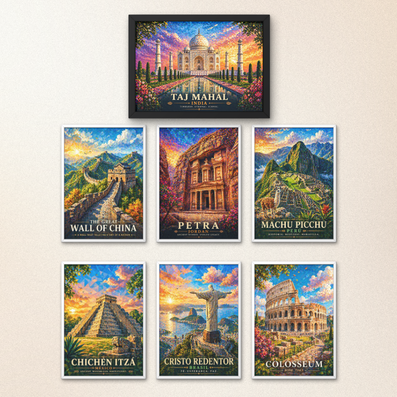 World Wonders Wall Art Set of 7 – Travel Poster Collection (Framed Look)