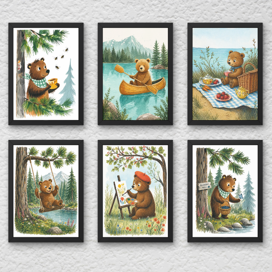 Woodland Bear Wall Art Set of 6 (Framed )