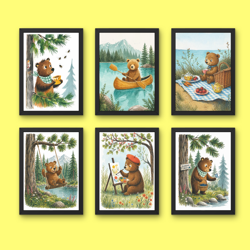 Woodland Bear Wall Art Set of 6 (Framed )