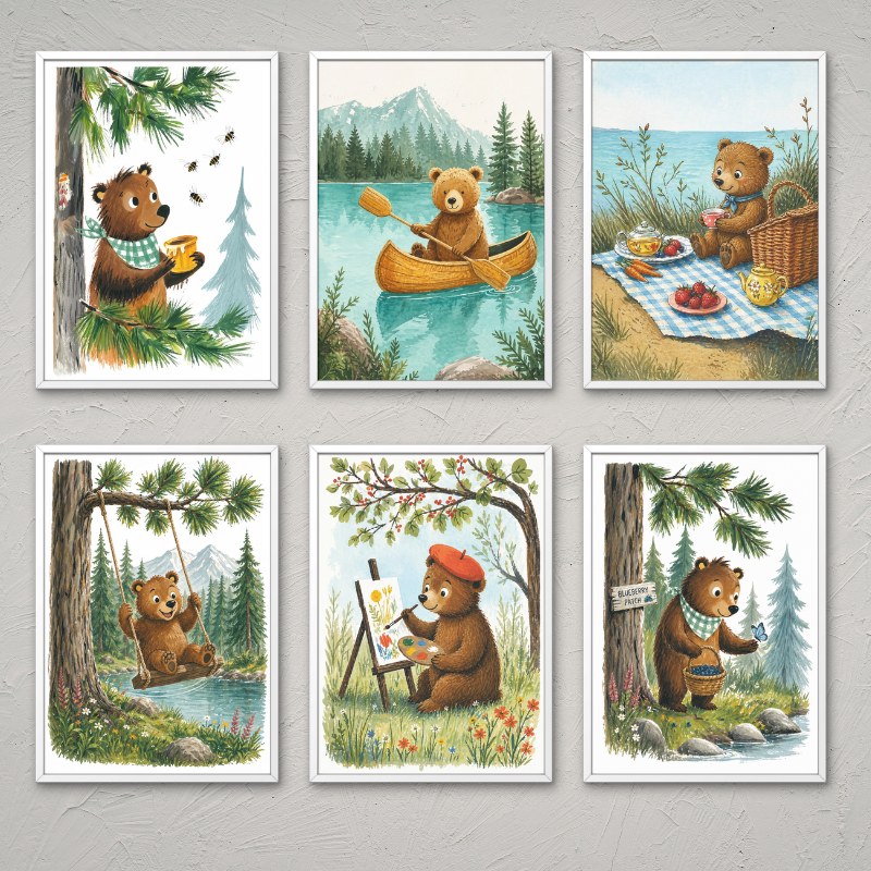 Woodland Bear Wall Art Set of 6 (Framed )
