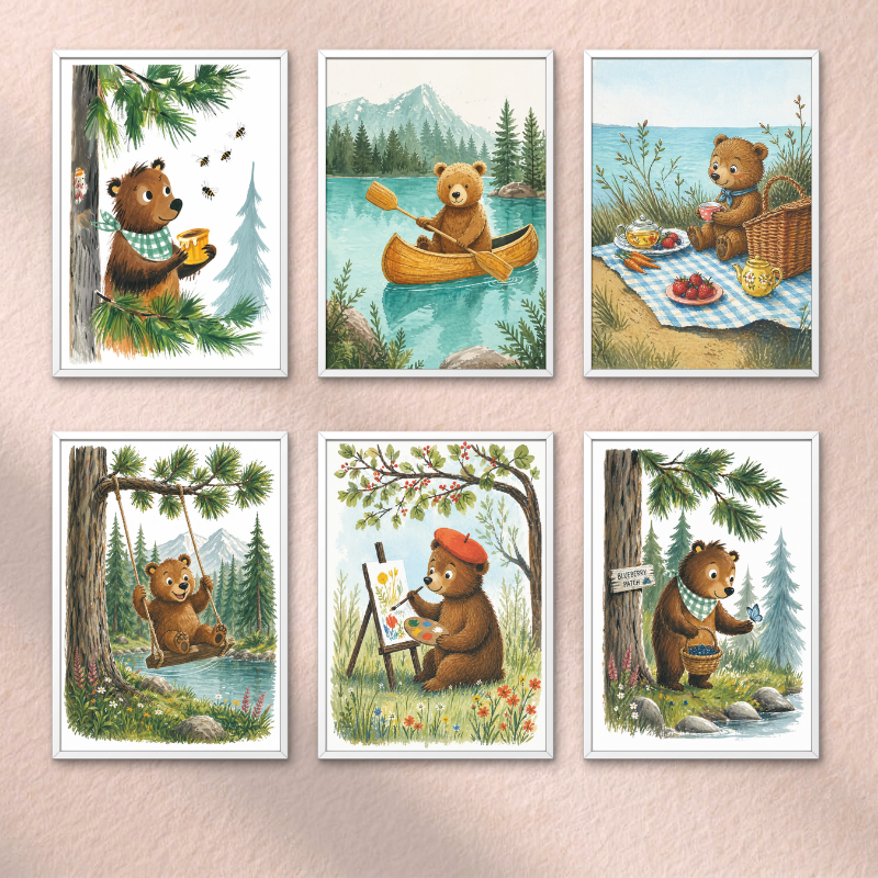 Woodland Bear Wall Art Set of 6 (Framed )